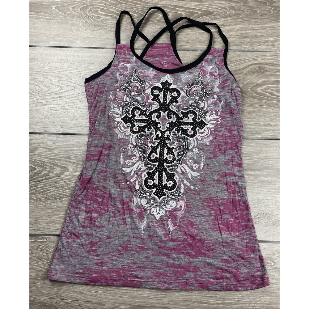 Vocal Womens Embellished Cross Sleeveless Tank Cross Cross Back Purple Grey Sz L - Picture 2 of 8